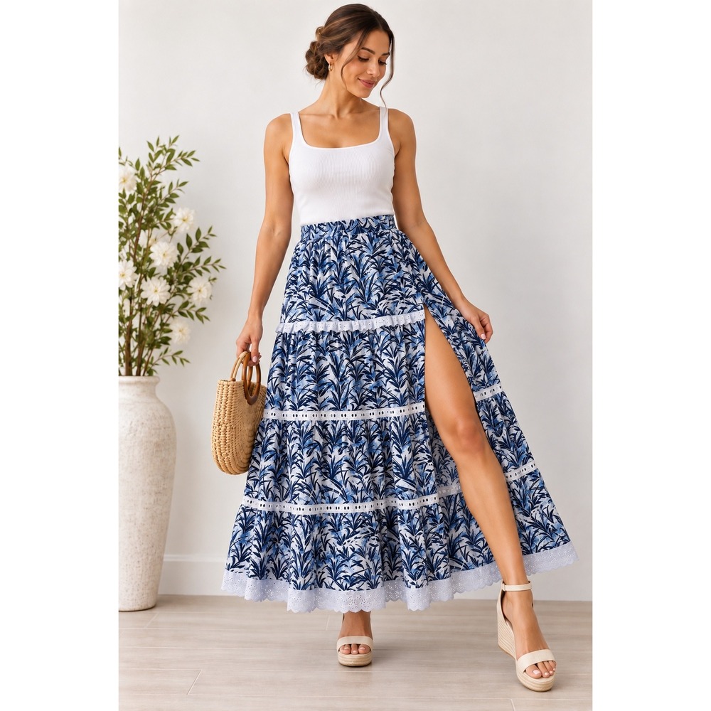 Nostalgia Women's Blue White Floral Maxi Skirt Size M 100% Cotton NWT Side Slit